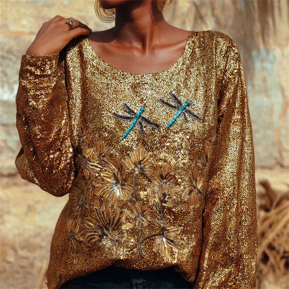 Vintage Dragonfly Floral Art Women's Round Neck Loose Glitter Top