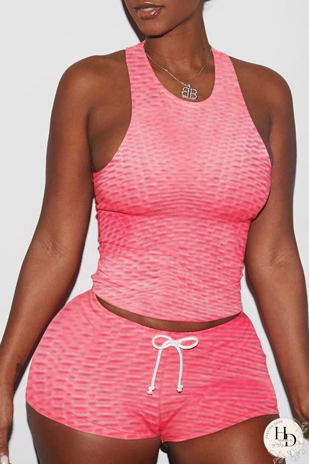 Pink Sexy Solid Backless O Neck Sleeveless Two Pieces