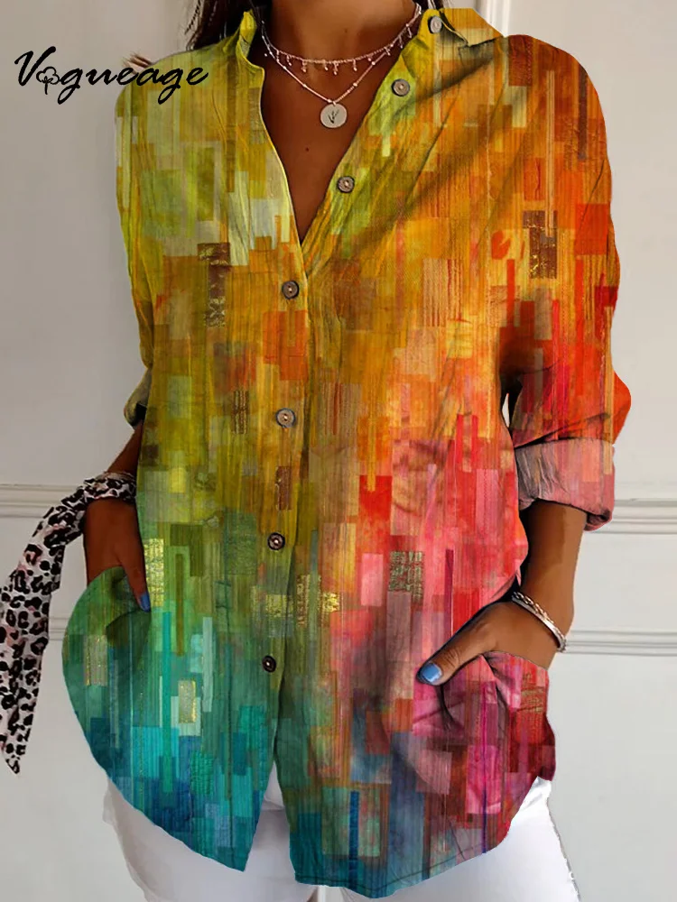 Popular Fashion Gradient Color Pixel Style Color Block Long Sleeves Printed Cotton And Linen Shirt