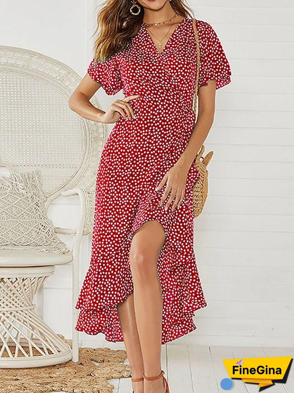 Printed High Waist Lace-up V-neck Sexy Chiffon Big Swing Irregular Dress