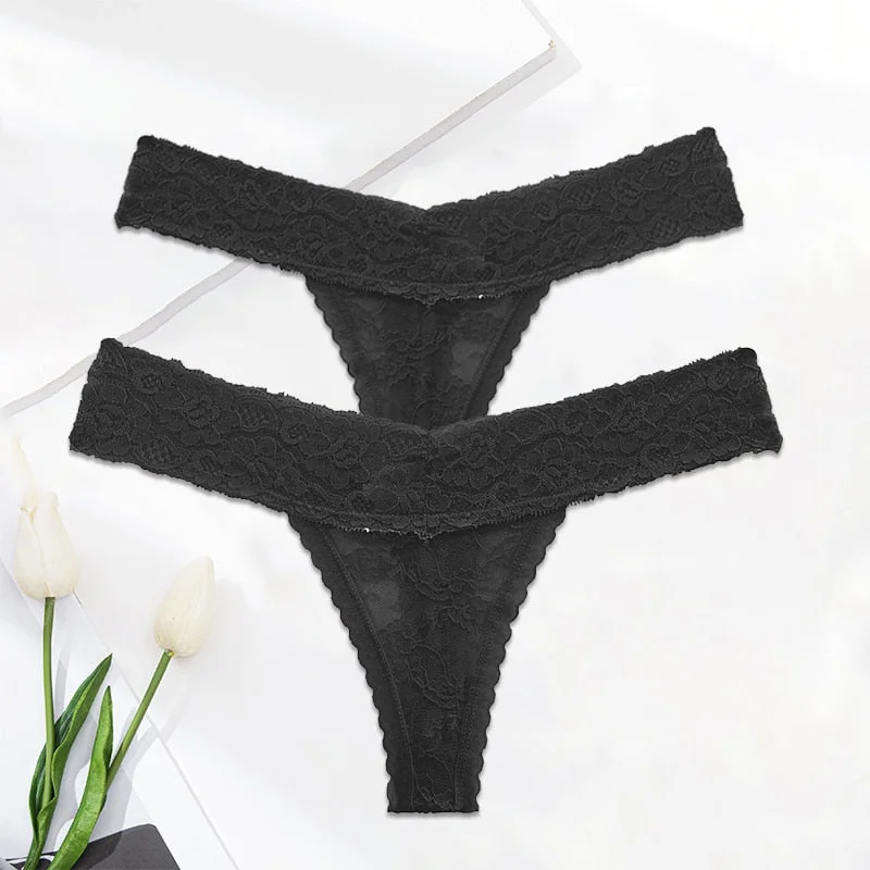 FINETOO 2PCS/Set M-XL Lace G-string Thong Panties for Woman Sexy Floral Underwear Transparent Women's Underpants Female Lingerie