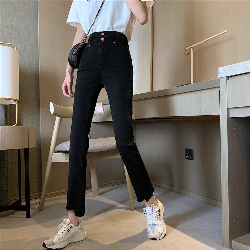 Jeans Women Pure Color Female Spring High Waisted Straight Zipper Students All-match Mujer De Moda Leisure Pockets Denim Trouser