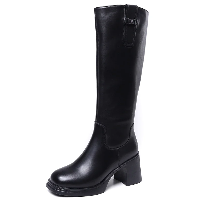 Yyvonne Layer Of Cow Skin High Boots Women 2025 Autumn And Winter New Knight Boots Korean Version Plus Velvet Thin Side Zipper High-Heeling Boots