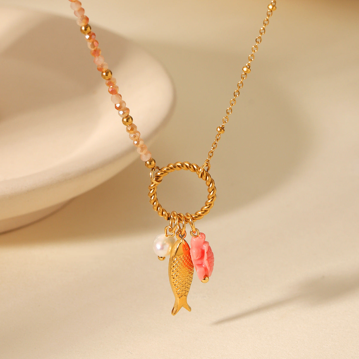 Summer Ocean Style Titanium Steel Necklace Niche Design Turtle Pearl Goldfish Pendant Stainless Steel Clavicle Chain