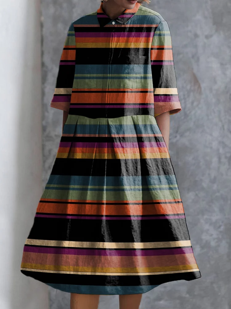 Multicolor Strip Pattern Printed Women's Pocket Cotton Dress