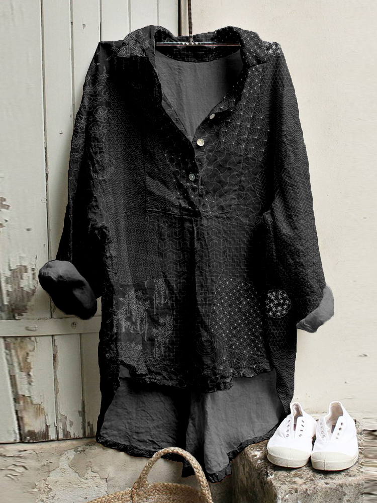 Comstylish Japanese Traditional Sashiko Art Linen Blend High Low Tunic
