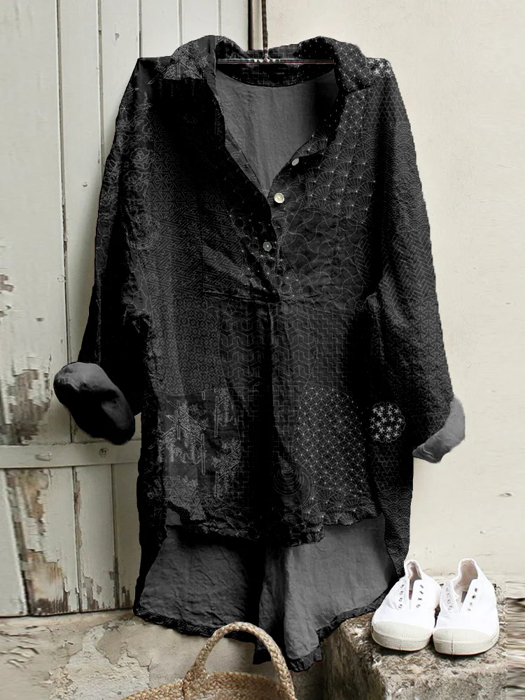 Japanese Traditional Sashiko Art Linen Blend High Low Tunic