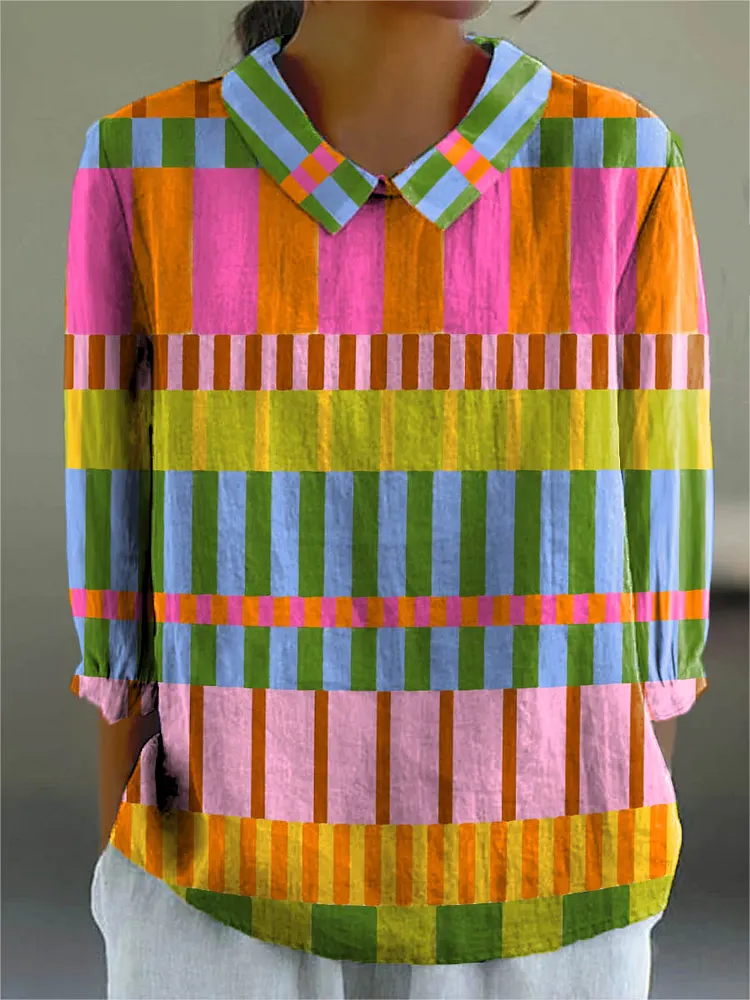 Women's Abstract Geometric Pattern Art Print Casual Cotton And Linen 3/4 Sleeve Shirt