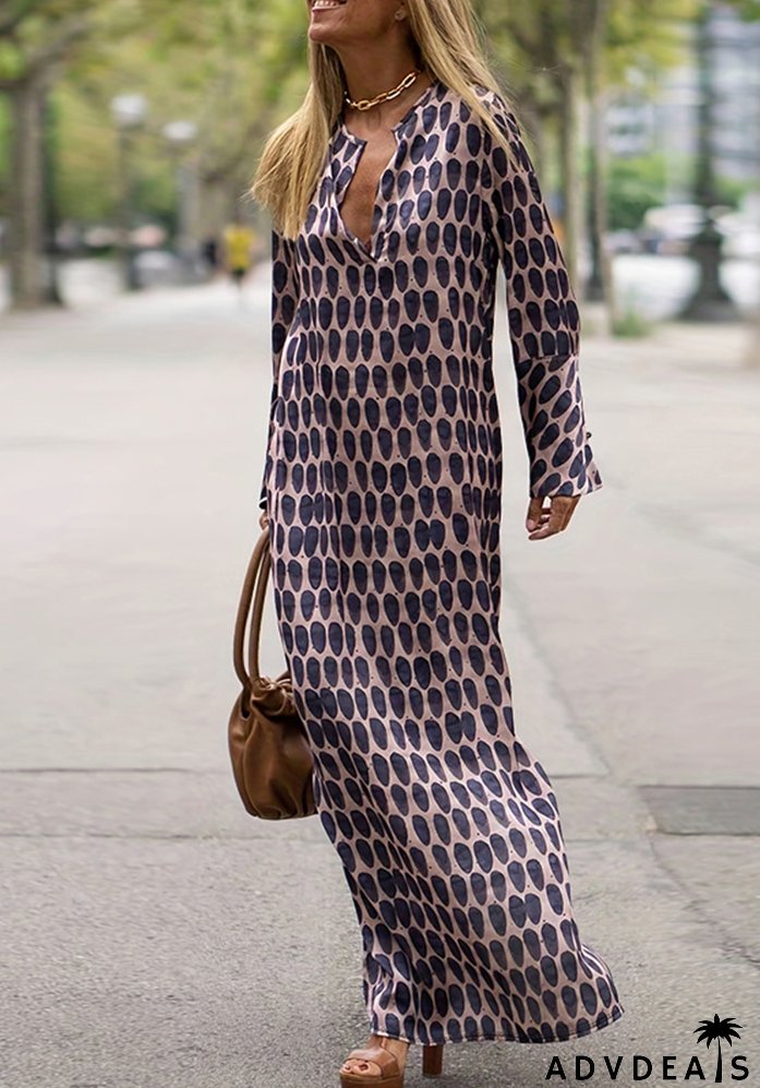 Plus Size Women Turndown Collar Long Sleeve Slit Dress