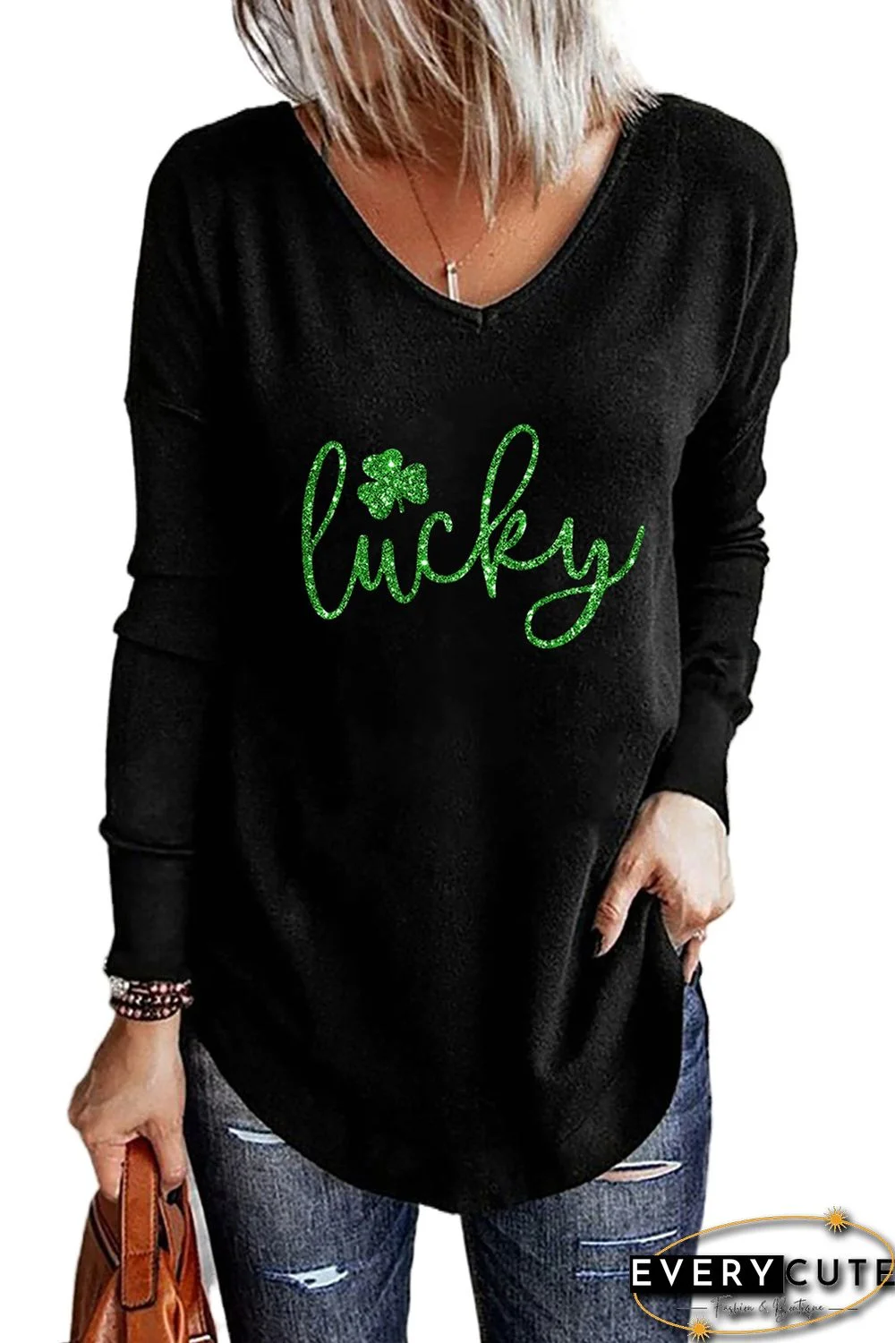 Black Clover Lucky Sequin Print V Neck Top