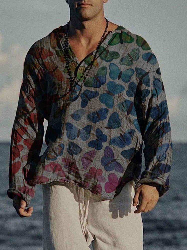 Men's printed cotton linen long sleeved shirt