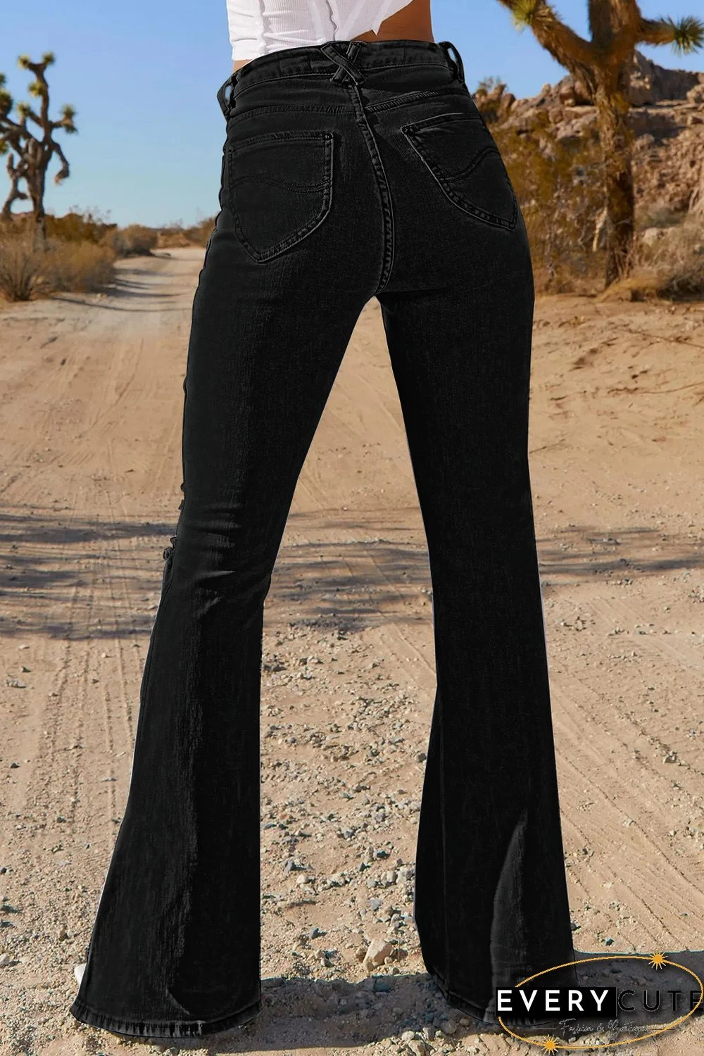 Letter Print Side Split Distressed Flare Jeans