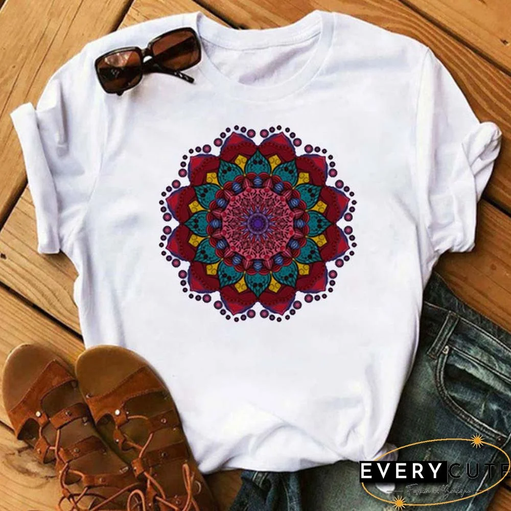 Maycaur New Mandala Floral Printed T Shirt Women Casual Fashion T-shirt Loose Short Sleeve 90s Girls Aesthetics Black Tshirt Top