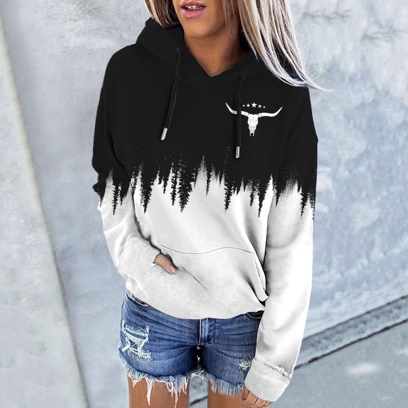 Color Block Forest Print Long Sleeve Hoodie