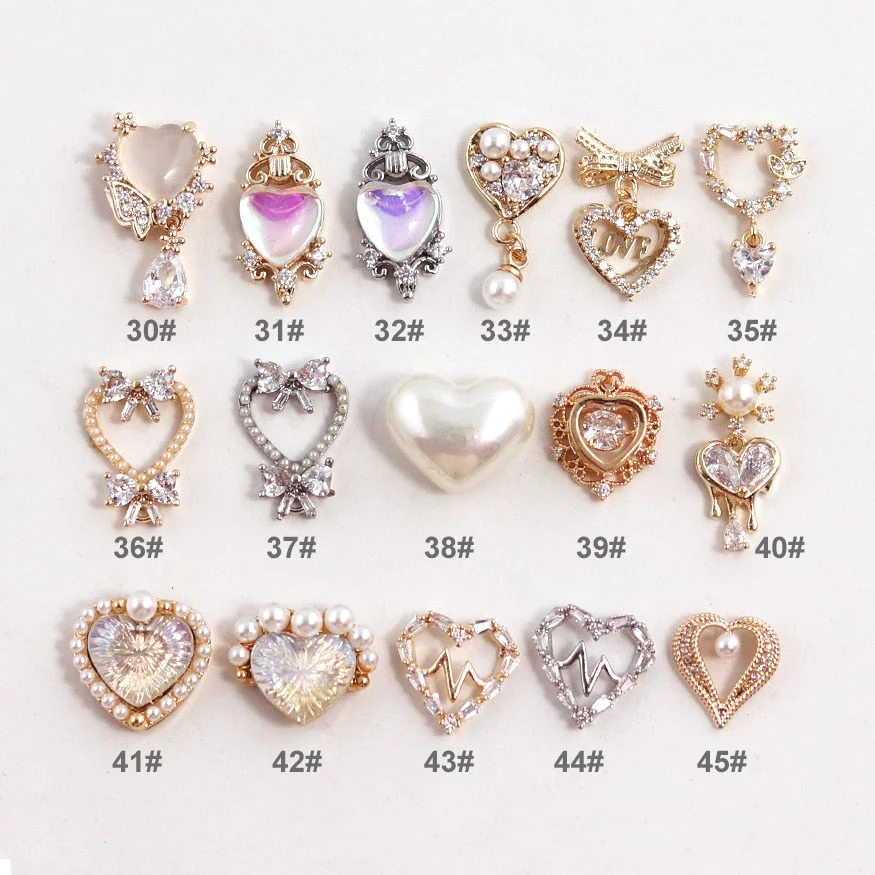 10pcs/lot 3D Love Heart Alloy Nail Art Zircon Pearl Crystal Metal Manicure Nails Accessories Supplies Decorations Charms 30#