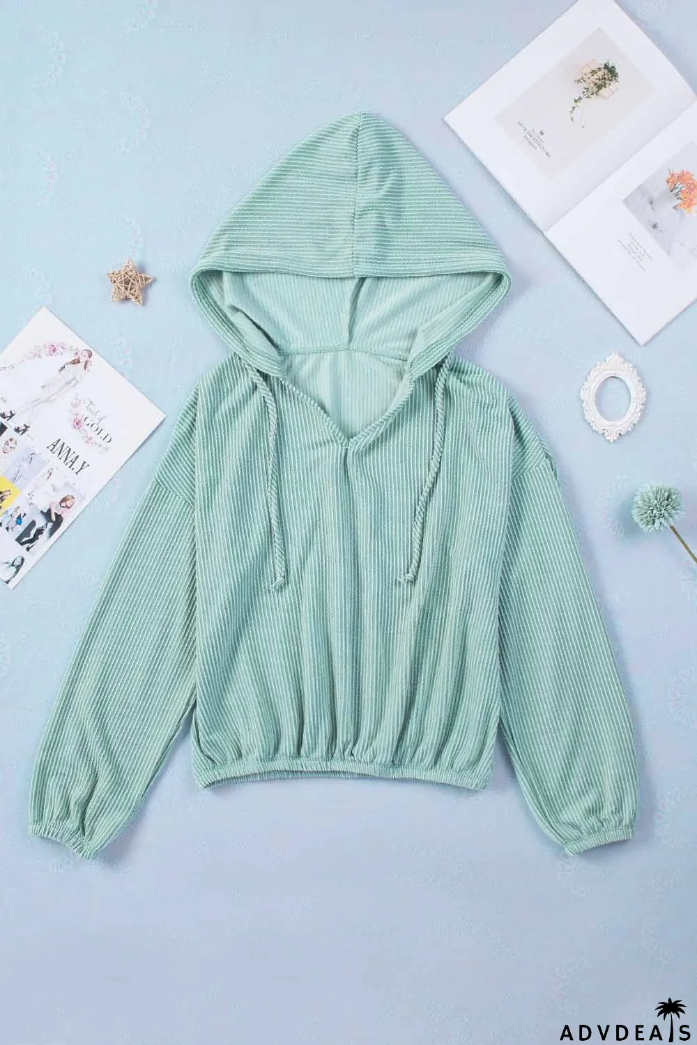 Green Loose Fit Ribbed V Neck Hoodie