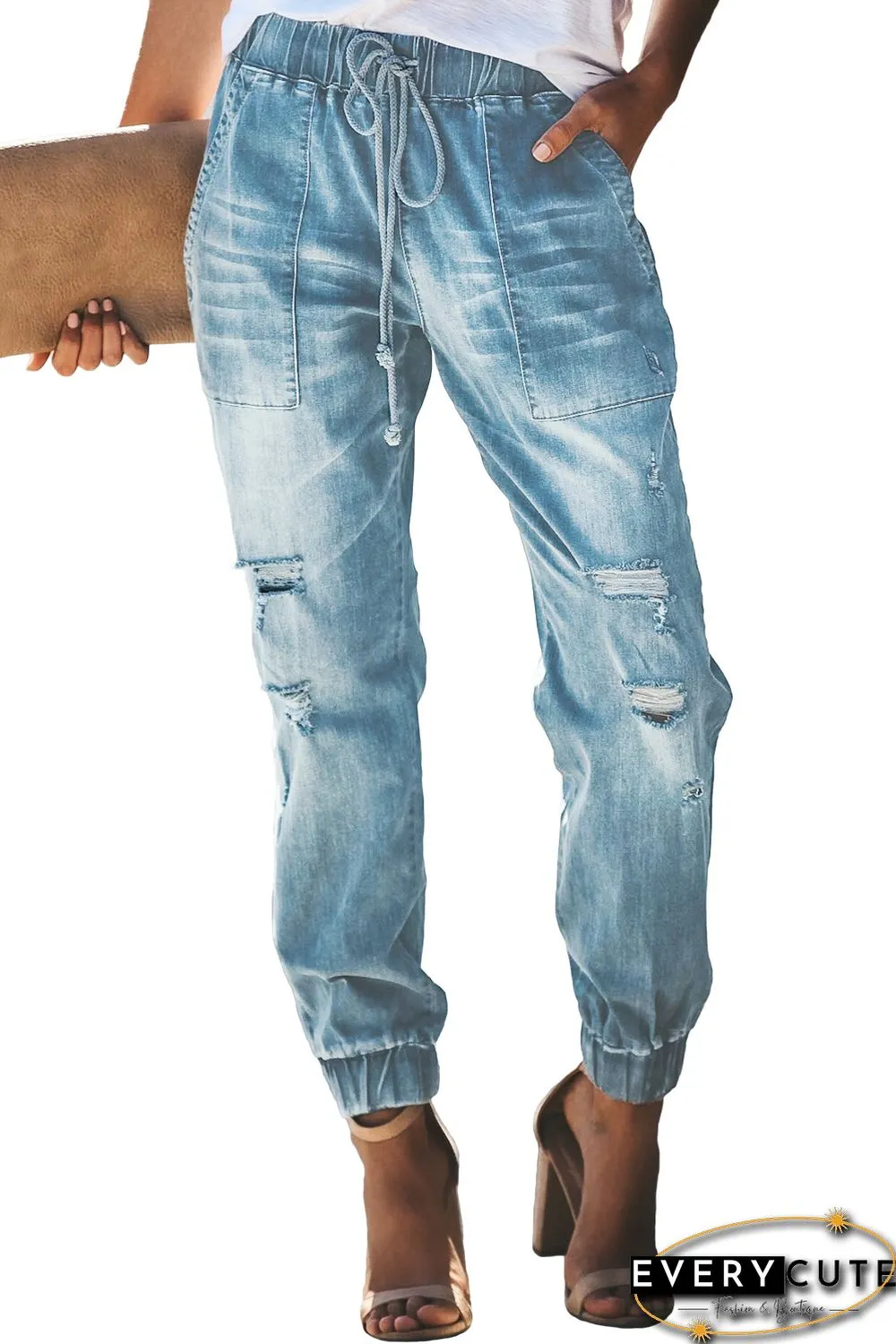 Sky Blue Distress Drawstring Pocketed Joggers