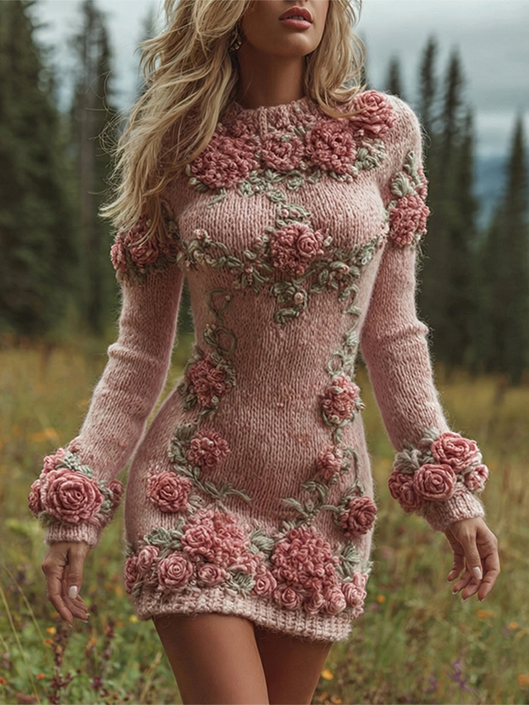 Women's Pink Rose Embroidered Art Knit Mini Sweater Dress Women's Pink Rose Embroidered Art Knit Mini Sweater Dress - Image 1