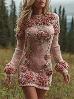 Women's Pink Rose Embroidered Art Knit Mini Sweater Dress