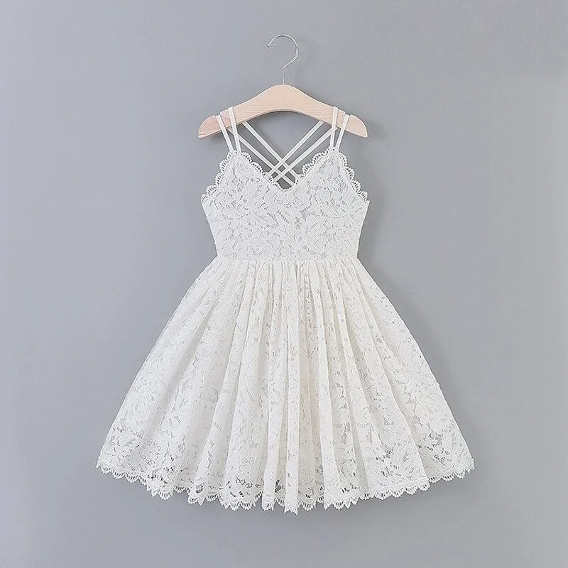 White Lace Girls Dress Criss-Cross Sling A-Line Flower Girls Clothing Embroidery Princess Sundress Toddler Girls Casual Clothes