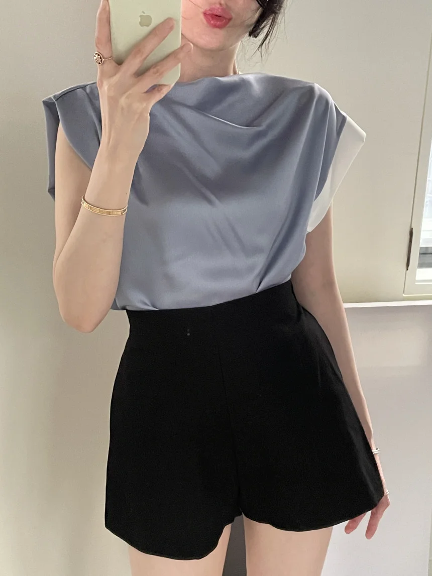 Churchf Churchf Size Update Chic Summer French Design Sense Splicing Color Short Sleeve T-Shirt Women's Temperament Simple Top