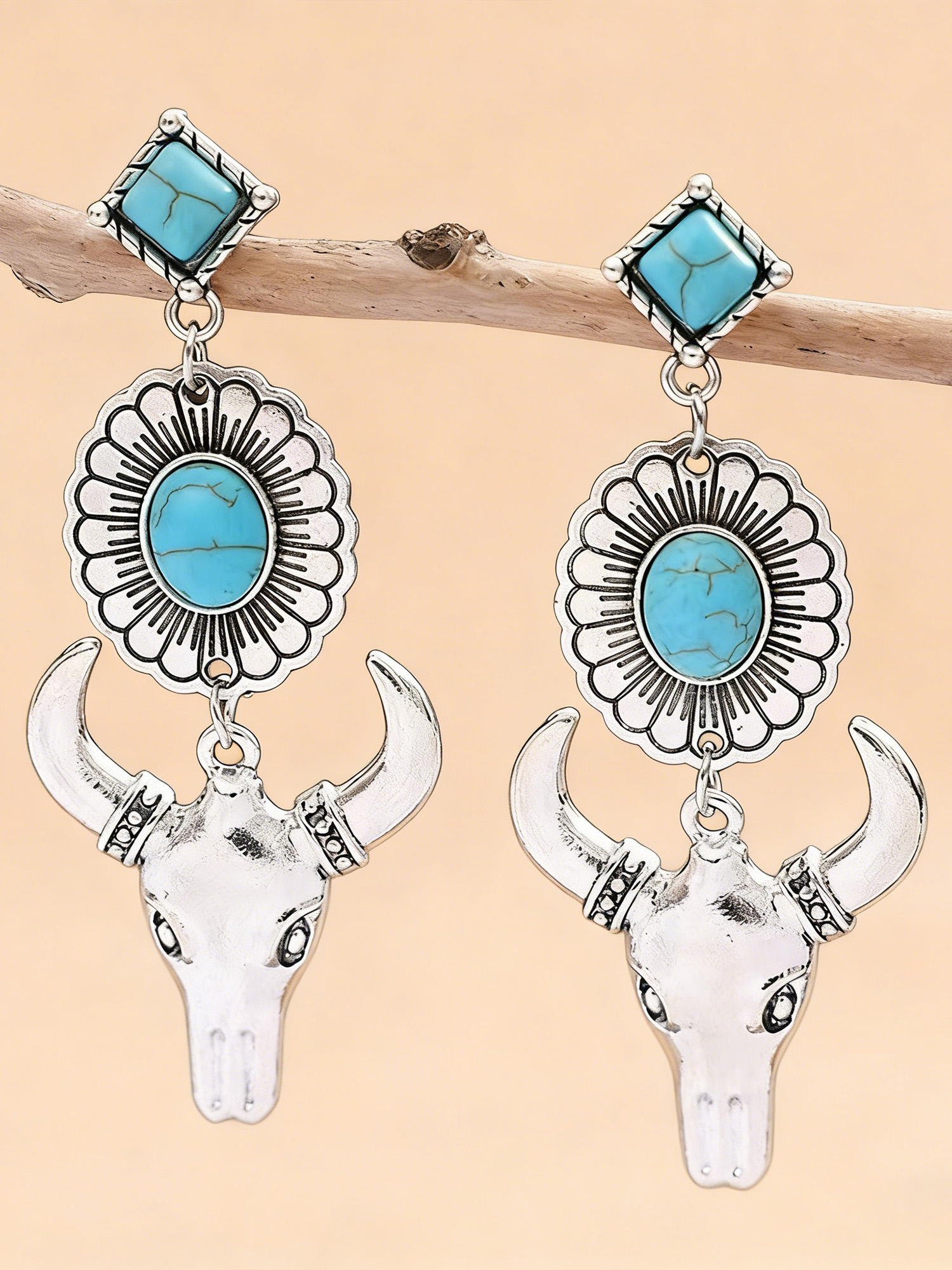 Ideal For Music Festivals Or Western Shoots &mdash; Antique Silver Faux Turquoise Inlay & Bull Head Totem Premium Alloy Boho Oversized Long Dangle Earrings