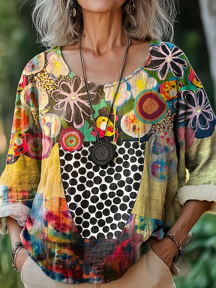 Women's Retro Floral Polka Dot Art Print Casual Cotton And Linen Shirt