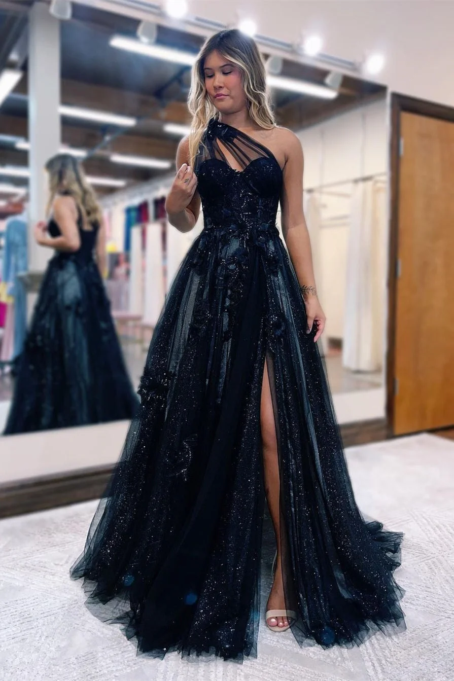 Daisda Black One Shoulder A Line Prom Dress Side Split Tulle With Appliques