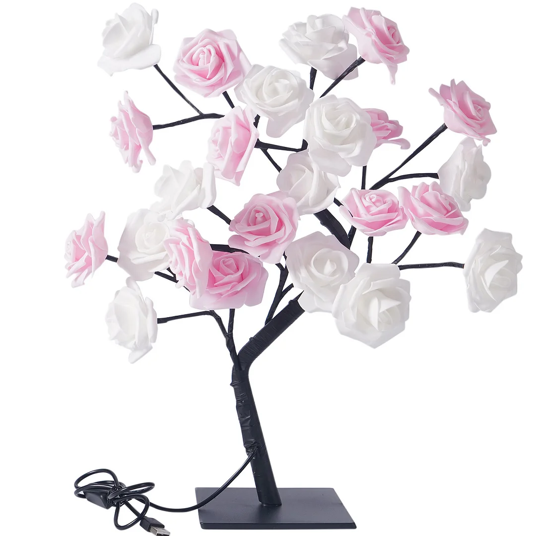 Table Flower Tree Rose Lamp Fairy Bonsai Desk Light for Women (White Pink)