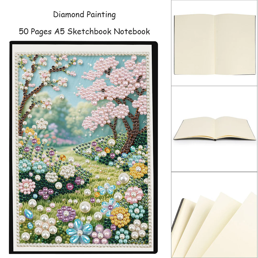 Spring Forest Partial Pearl DIY 50 Pages A5 Diamond Painting Notebook Special Shaped Diamond Art Diary Book Kits Wireless Strip 5D Crystal Art Paintings Sketchbook for Art Drawing