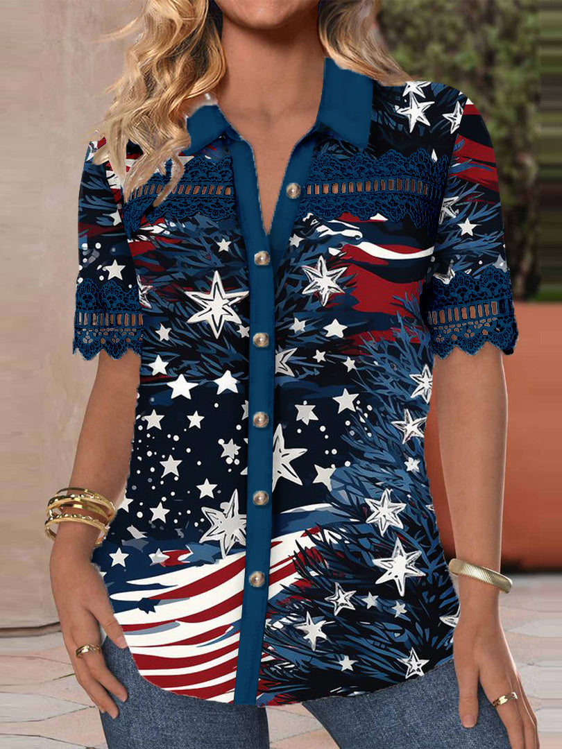 Women Short Sleeve Shirt Collar National Flag Striped Printed Graphic Button Lace Tops