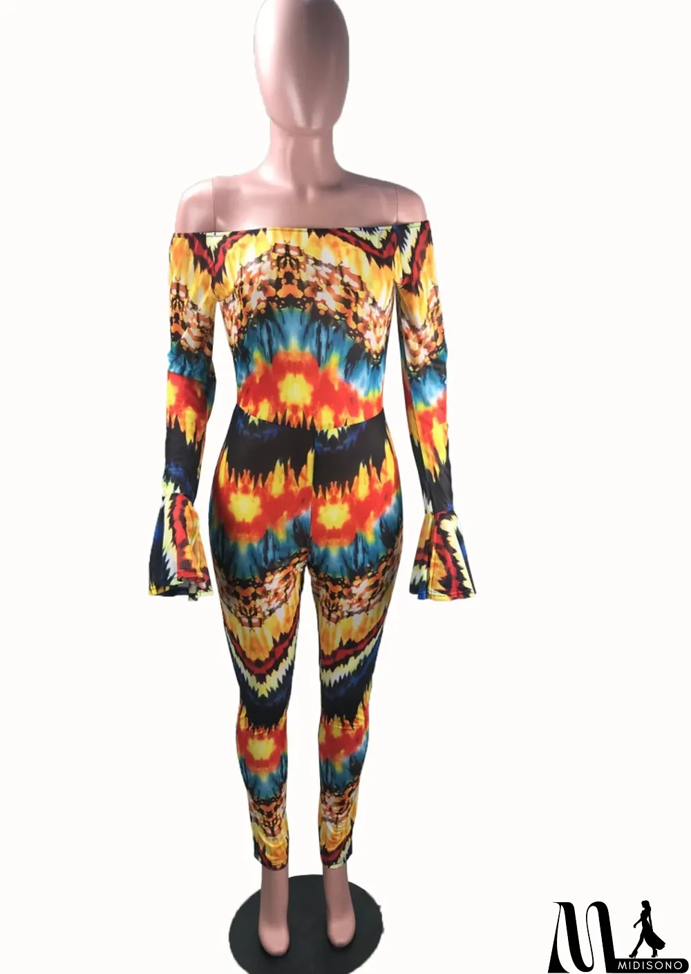 MidiSono - Spring Sexy Printed Off Shoulder Flare Long Sleeve Slim Jumpsuit