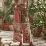 Women's Pink Rose Pattern Casual Linen Pants - Image 2
