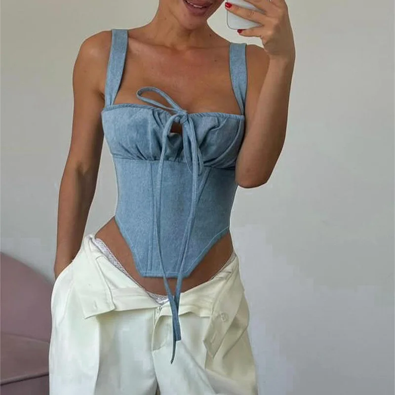 Churchf Churchf Summer New Street Style Sexy Hot Girl Tie-Up Imitation Denim Sling Vest Top Women's Wear