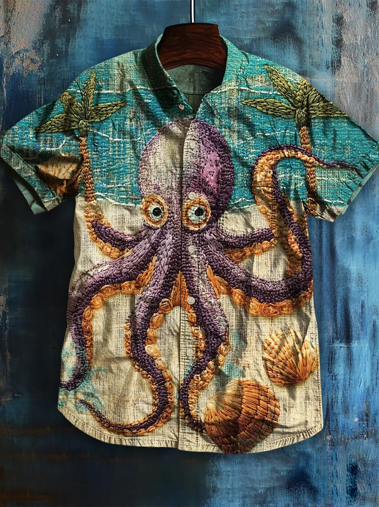 Men's Octopus Shell Coconut Tree Felt Embroidery Art Print Casual Shirt