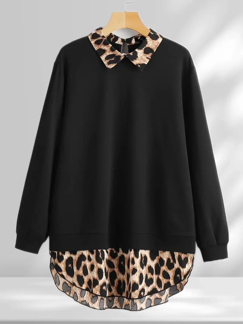 【Plus Size】 Leopard Print Curved Hem Pullover Sweatshirt, Casual Long Sleeve Sweatshirt for Fall & Winter, Women's Clothing for Daily Wear 【Plus Size】 Leopard Print Curved Hem Pullover Sweatshirt, Casual Long Sleeve Sweatshirt for Fall & Winter, Women's Clothing for Daily Wear