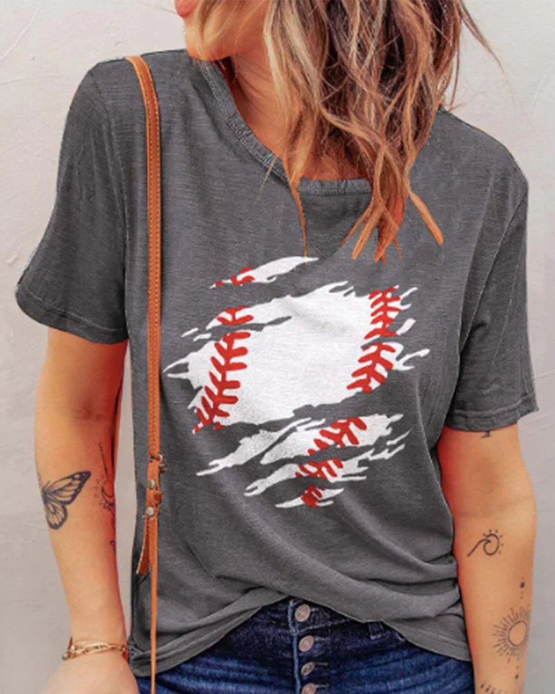 Gray Baseball Print Short Sleeve Top