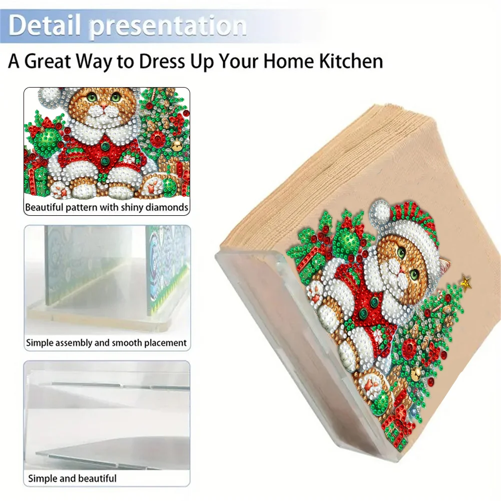 5D DIY Christmas Cat Acrylic Double Sided Diamond Art Paper Towel Storage Rack Decor