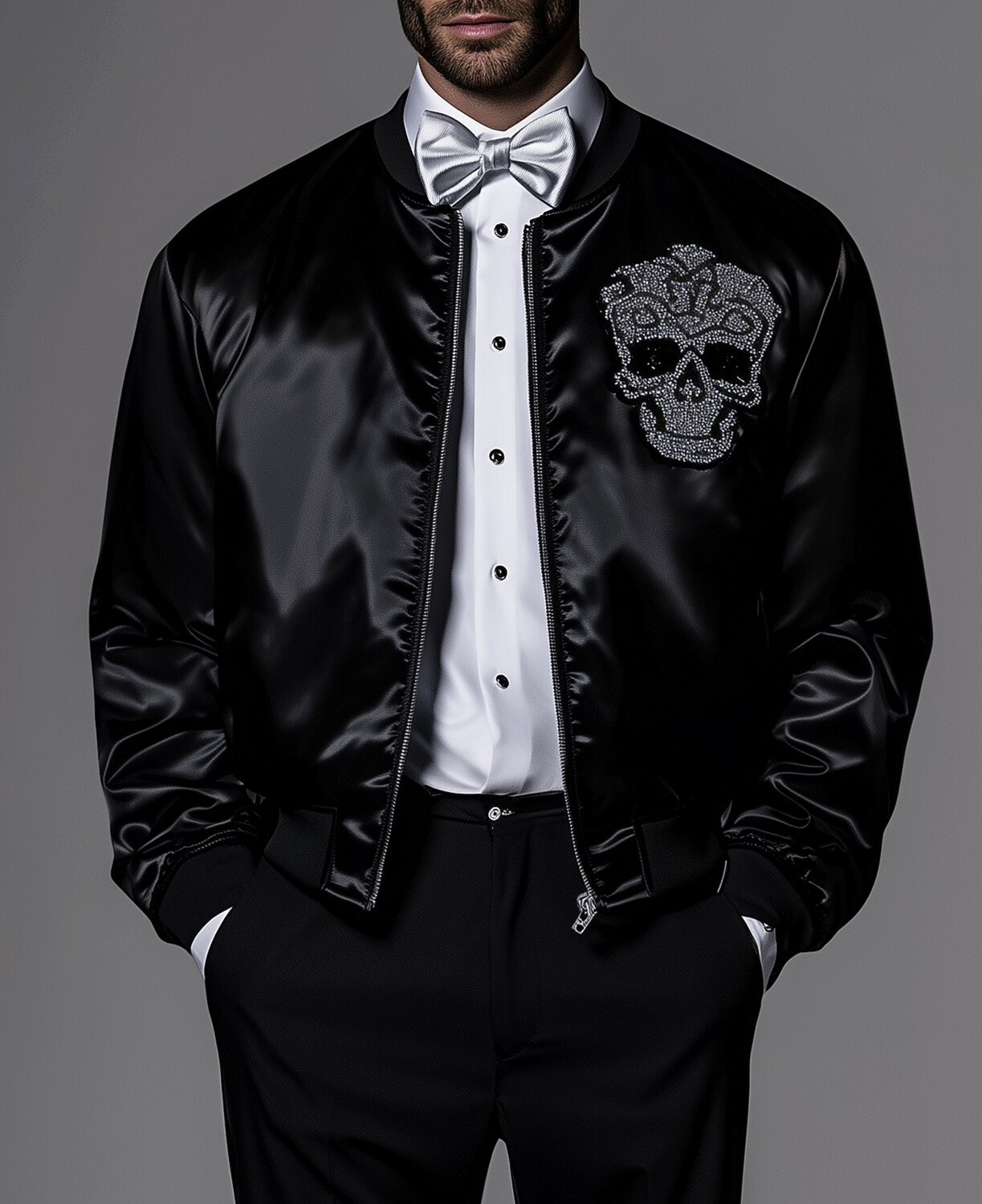 Okaywear Silk Skull Rhinestone Zip Up Bomber Jacket