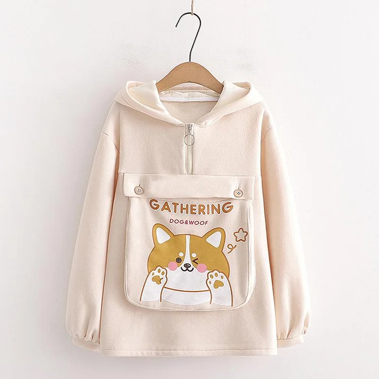 Dog Letter Print Ears Pocket Zipper Sweatshirt - Modakawa Modakawa