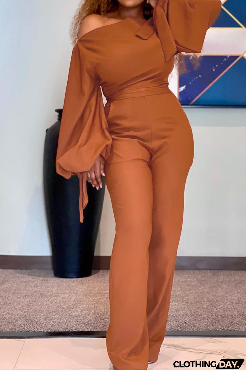 Fashion Casual Solid Bandage Oblique Collar Regular Jumpsuits(3 Colors)