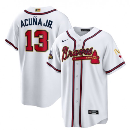 Men's Atlanta Braves #13 Ronald Acuna Jr. 2022 White/Gold World Series Champions Program Cool Base Stitched Baseball Jersey Z95F