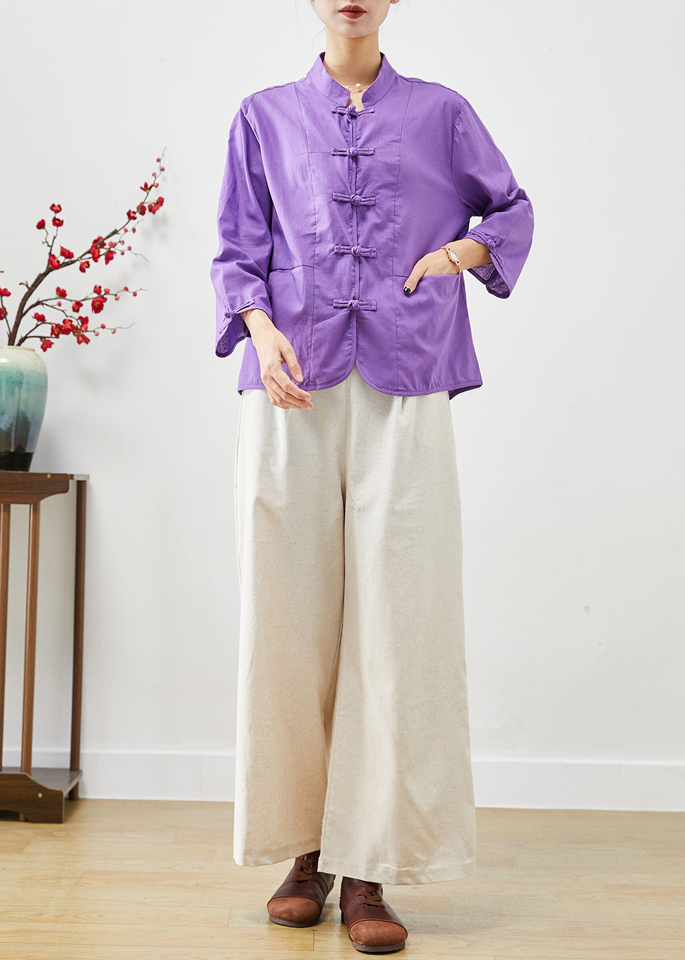 VCSHOES Purple Mandarin Collar Oriental Cotton Two Pieces Set Fall