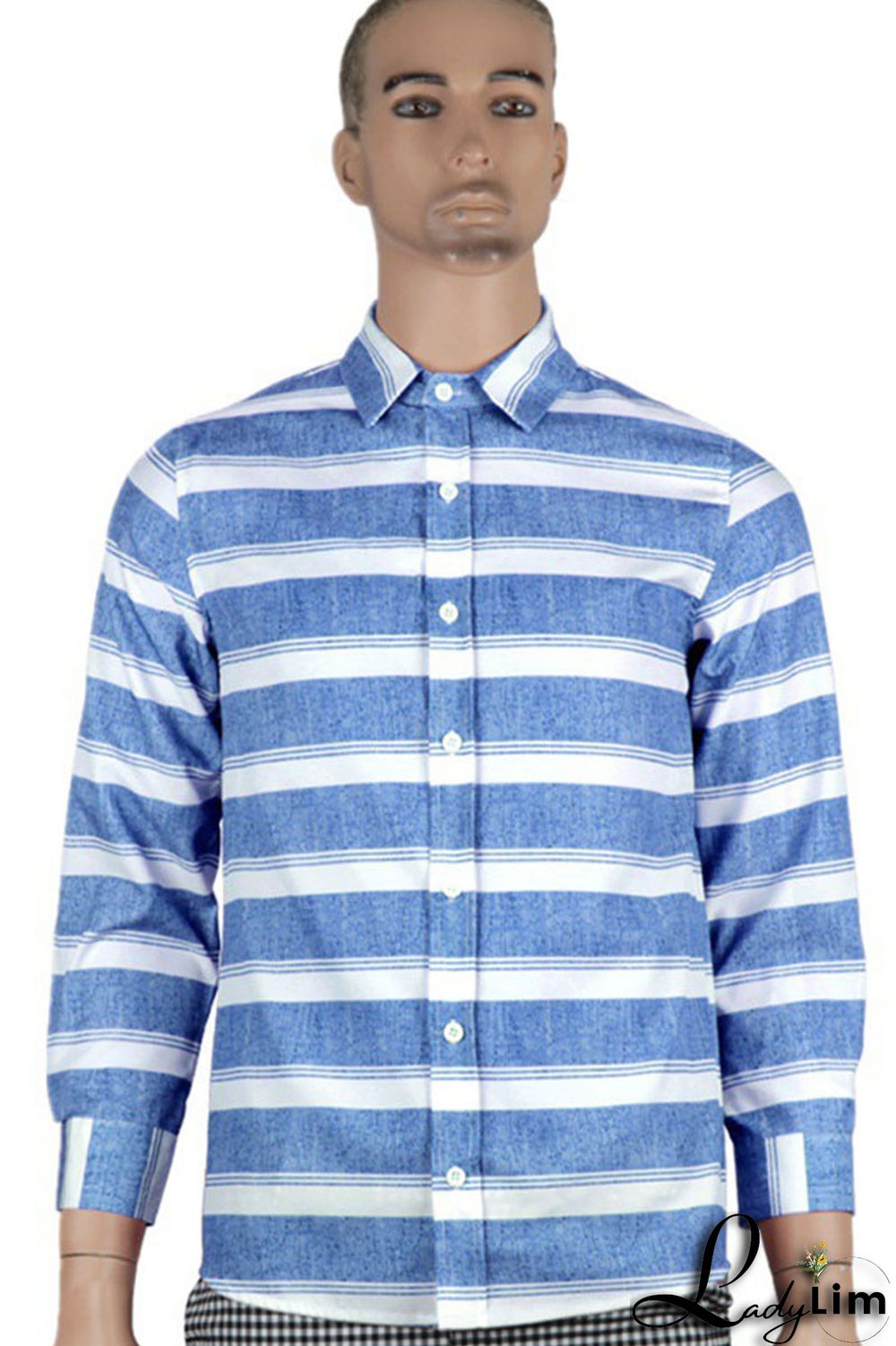 Blue Casual Striped Print Split Joint Buckle Turndown Collar Tops