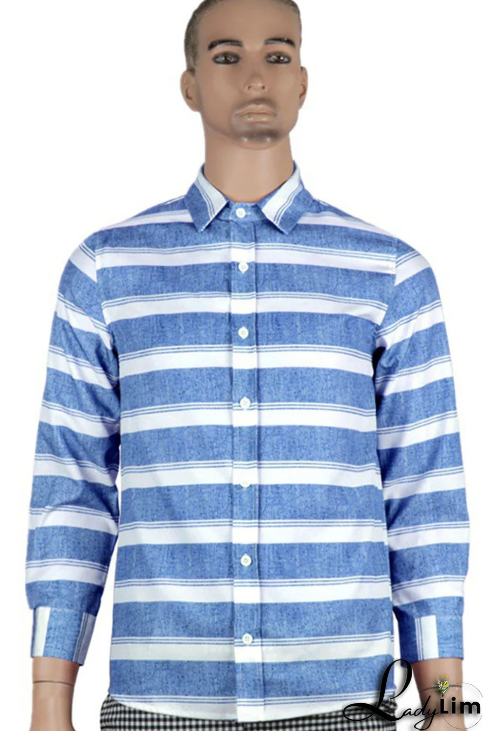 Blue Casual Striped Print Split Joint Buckle Turndown Collar Tops
