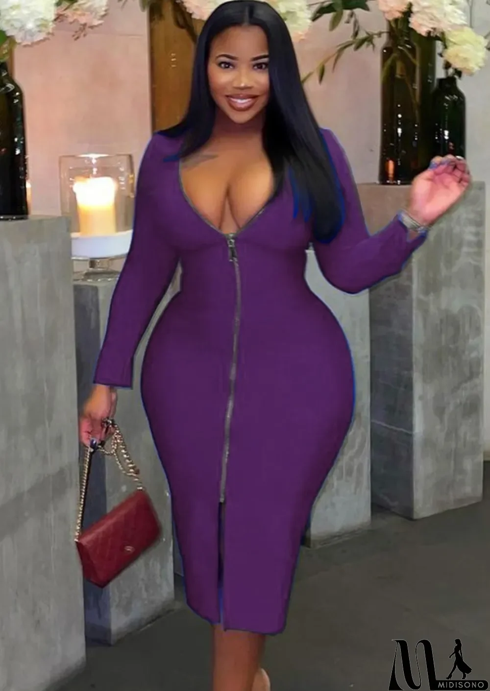 MidiSono - Winter Plus Size Purple V-Neck Zippers Long Bodycon Dress