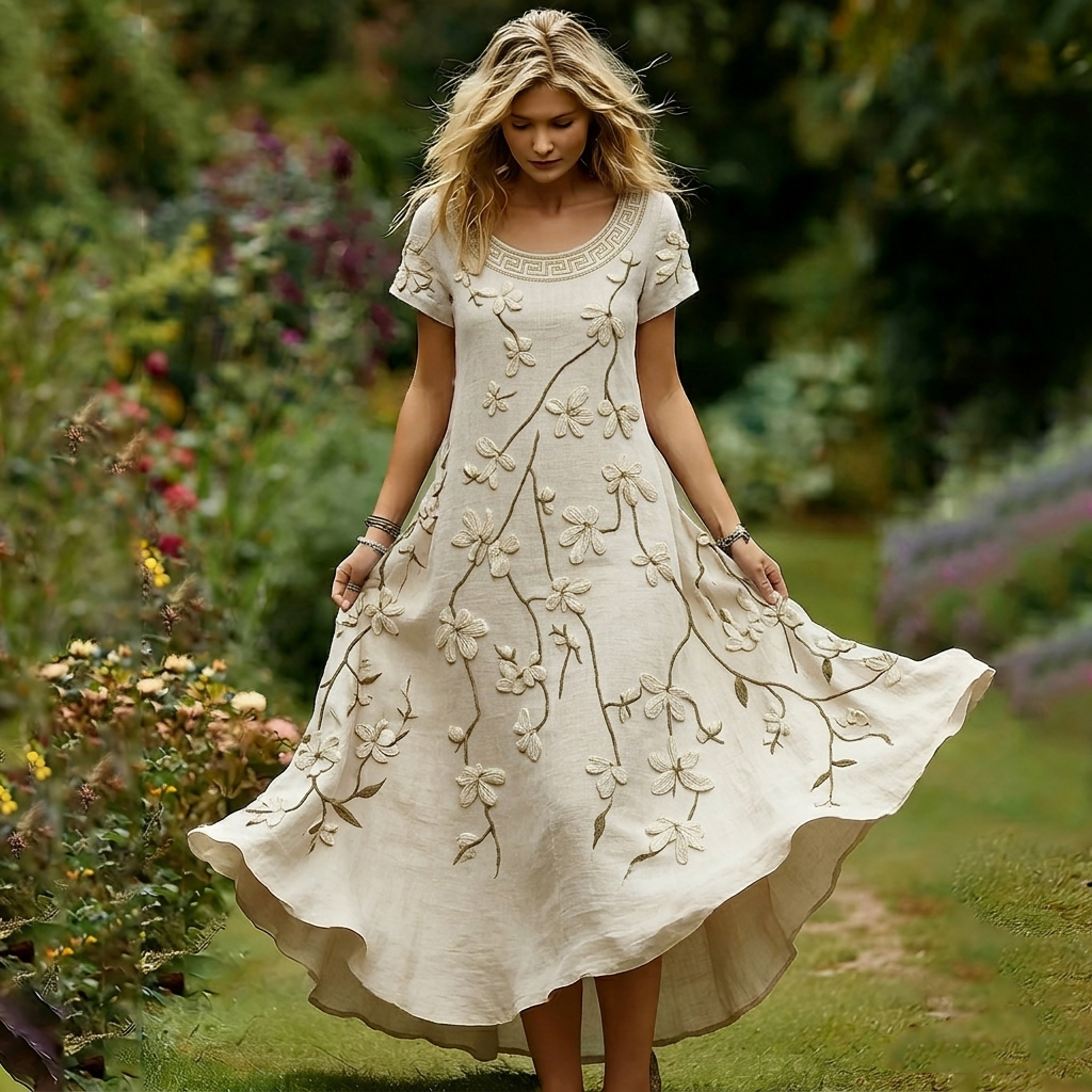 Women's Vintage White Floral Casual Round-neck Dress elevenforest