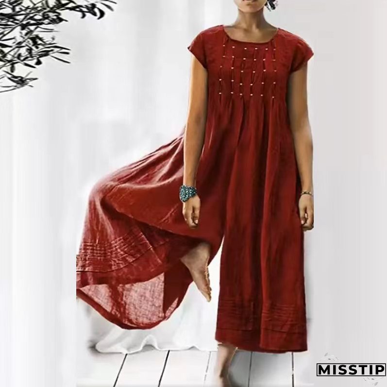 Fashion Vintage Crinkled Cotton Linen Elegant Wide Leg Loose Jumpsuit