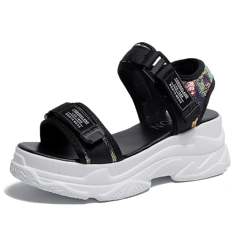 Fujin Summer Women Sandals Buckle Design Black White Platform Sandals White Comfortable Women's Thick Sole Beach Shoes