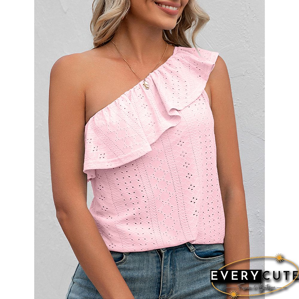 Pink Ruffled One Shoulder Tank Tops